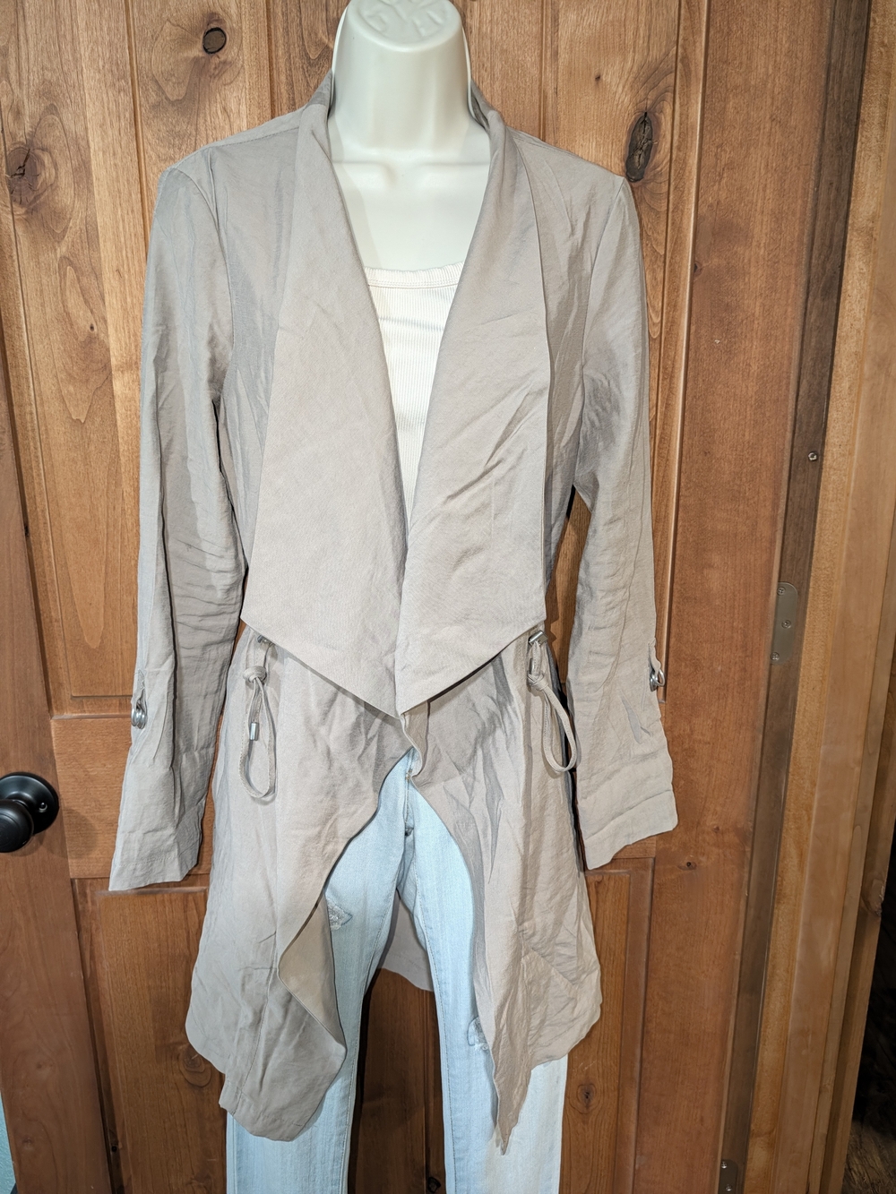 Nicole Miller Taupe Draped Utility Jacket With Tab Sleeves & Drawstring Waist